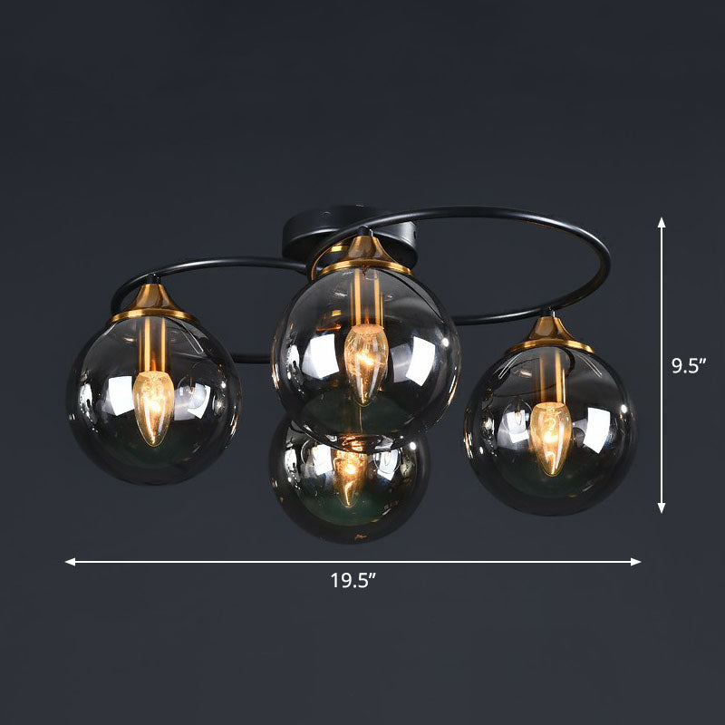 Ball Semi Flush Chandelier Post-Modern Glass Black Ceiling Mount Light for Living Room 4 Smoke Gray Clearhalo 'Ceiling Lights' 'Close To Ceiling Lights' 'Close to ceiling' 'Semi-flushmount' Lighting' 2269030
