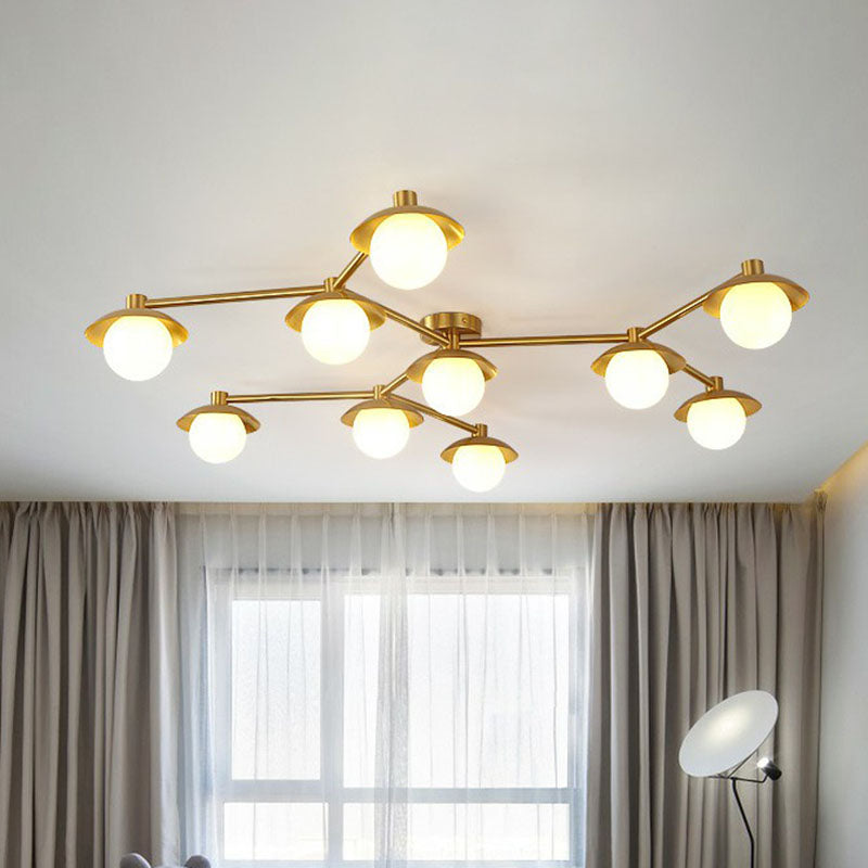 Postmodern Novelty Ceiling Light Gold Finish Molecule Semi Flush Mount Lamp with Ball White Glass Shade Clearhalo 'Ceiling Lights' 'Close To Ceiling Lights' 'Close to ceiling' 'Semi-flushmount' Lighting' 2269034