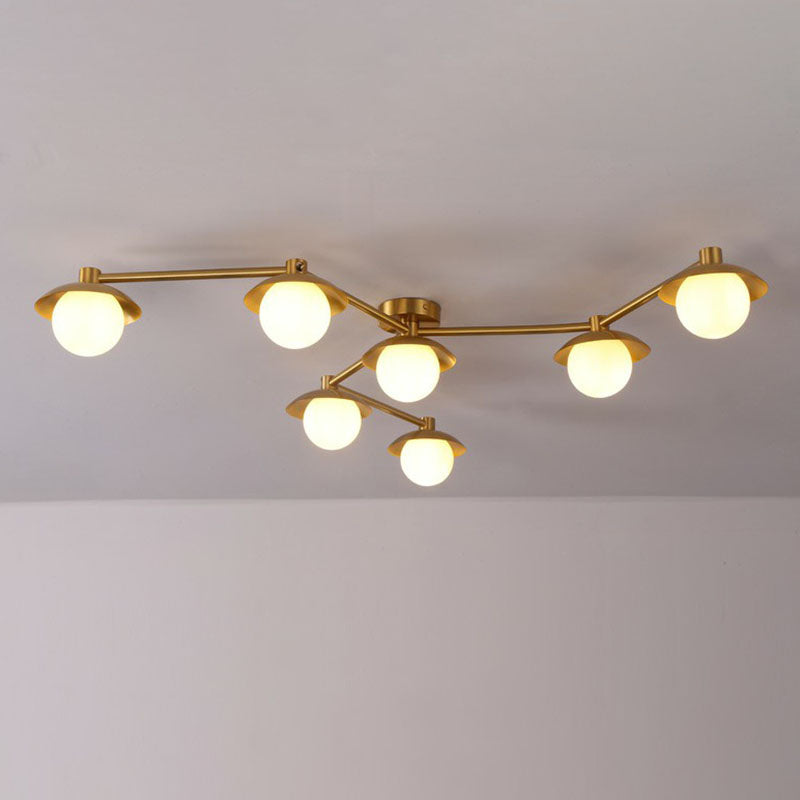 Postmodern Novelty Ceiling Light Gold Finish Molecule Semi Flush Mount Lamp with Ball White Glass Shade 7 Gold Clearhalo 'Ceiling Lights' 'Close To Ceiling Lights' 'Close to ceiling' 'Semi-flushmount' Lighting' 2269035
