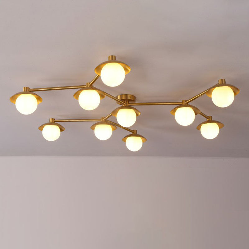 Postmodern Novelty Ceiling Light Gold Finish Molecule Semi Flush Mount Lamp with Ball White Glass Shade 10 Gold Clearhalo 'Ceiling Lights' 'Close To Ceiling Lights' 'Close to ceiling' 'Semi-flushmount' Lighting' 2269036