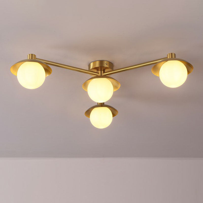 Postmodern Novelty Ceiling Light Gold Finish Molecule Semi Flush Mount Lamp with Ball White Glass Shade 4 Gold Clearhalo 'Ceiling Lights' 'Close To Ceiling Lights' 'Close to ceiling' 'Semi-flushmount' Lighting' 2269038