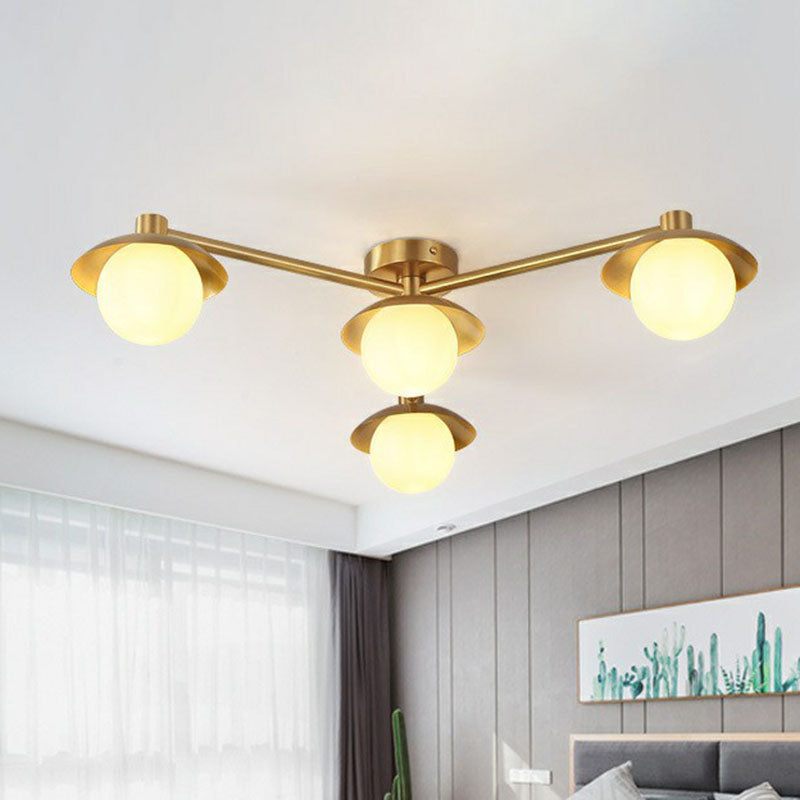 Postmodern Novelty Ceiling Light Gold Finish Molecule Semi Flush Mount Lamp with Ball White Glass Shade Clearhalo 'Ceiling Lights' 'Close To Ceiling Lights' 'Close to ceiling' 'Semi-flushmount' Lighting' 2269039