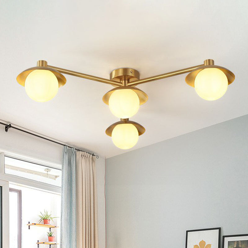 Postmodern Novelty Ceiling Light Gold Finish Molecule Semi Flush Mount Lamp with Ball White Glass Shade Clearhalo 'Ceiling Lights' 'Close To Ceiling Lights' 'Close to ceiling' 'Semi-flushmount' Lighting' 2269040