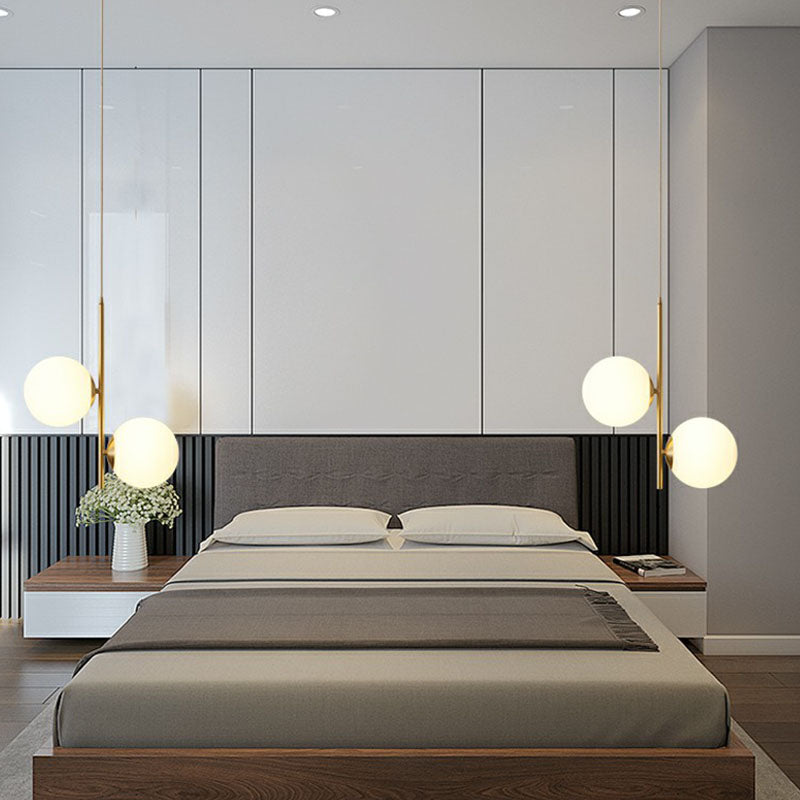 2 Lights Bedroom Chandelier Minimalism Gold Finish Hanging Lamp with Globe Opal Glass Shade Clearhalo 'Ceiling Lights' 'Chandeliers' 'Modern Chandeliers' 'Modern' Lighting' 2269080