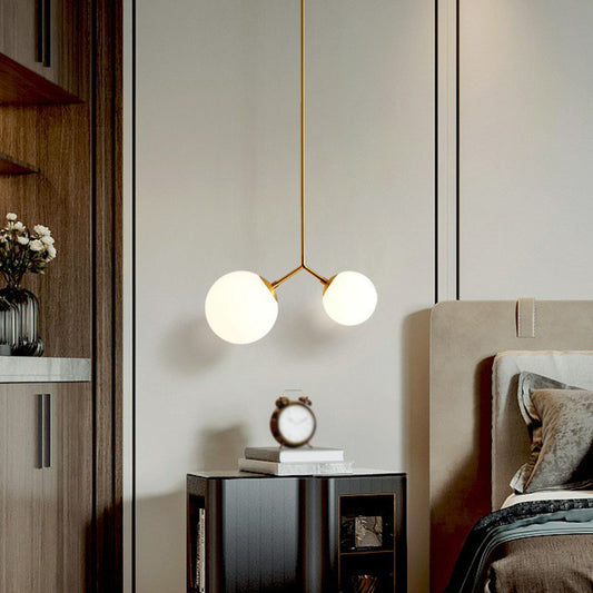 Simplicity Sphere Pendant Light Kit Cream Glass 2-Head Bedside Chandelier in Gold Clearhalo 'Ceiling Lights' 'Chandeliers' 'Modern Chandeliers' 'Modern' Lighting' 2269091