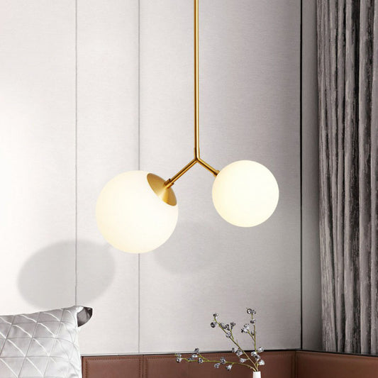 Simplicity Sphere Pendant Light Kit Cream Glass 2-Head Bedside Chandelier in Gold Clearhalo 'Ceiling Lights' 'Chandeliers' 'Modern Chandeliers' 'Modern' Lighting' 2269092
