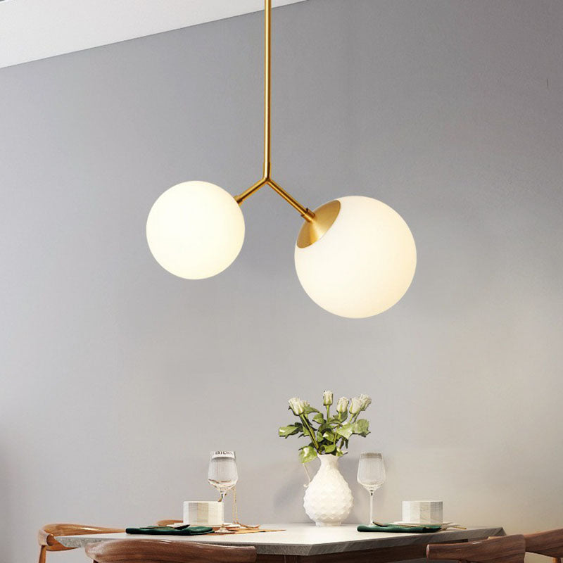 Simplicity Sphere Pendant Light Kit Cream Glass 2-Head Bedside Chandelier in Gold Clearhalo 'Ceiling Lights' 'Chandeliers' 'Modern Chandeliers' 'Modern' Lighting' 2269093