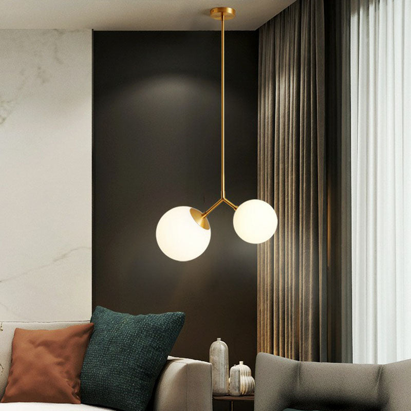 Simplicity Sphere Pendant Light Kit Cream Glass 2-Head Bedside Chandelier in Gold Clearhalo 'Ceiling Lights' 'Chandeliers' 'Modern Chandeliers' 'Modern' Lighting' 2269094