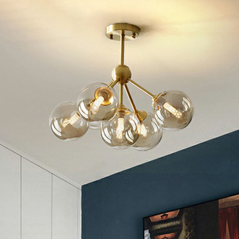 Ball Amber Glass Chandelier Post-Modern Antique Gold Hanging Light for Dining Room Clearhalo 'Ceiling Lights' 'Chandeliers' 'Modern Chandeliers' 'Modern' Lighting' 2269104