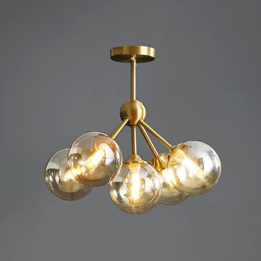 Ball Amber Glass Chandelier Post-Modern Antique Gold Hanging Light for Dining Room 5 Gold Clearhalo 'Ceiling Lights' 'Chandeliers' 'Modern Chandeliers' 'Modern' Lighting' 2269105