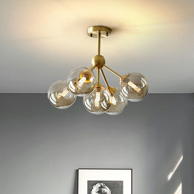 Ball Amber Glass Chandelier Post-Modern Antique Gold Hanging Light for Dining Room Clearhalo 'Ceiling Lights' 'Chandeliers' 'Modern Chandeliers' 'Modern' Lighting' 2269108