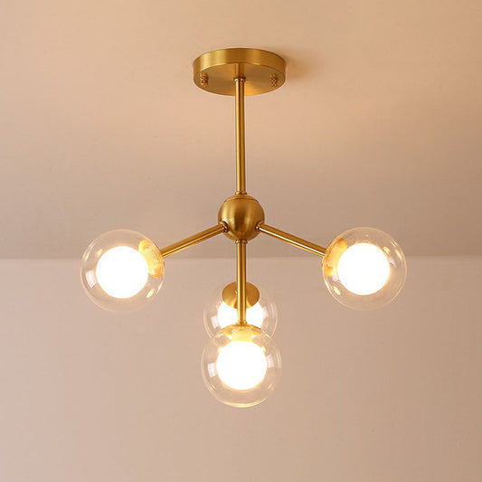 Minimalism Branch Chandelier Metal Dining Room Ceiling Light with Dual Ball Glass Shade in Gold 4 Gold Clearhalo 'Ceiling Lights' 'Chandeliers' 'Modern Chandeliers' 'Modern' Lighting' 2269113