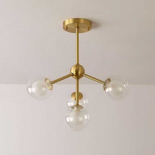 Minimalism Branch Chandelier Metal Dining Room Ceiling Light with Dual Ball Glass Shade in Gold Clearhalo 'Ceiling Lights' 'Chandeliers' 'Modern Chandeliers' 'Modern' Lighting' 2269114