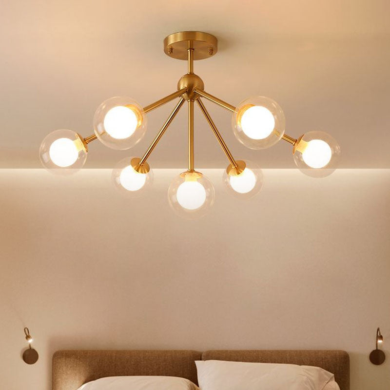 Minimalism Branch Chandelier Metal Dining Room Ceiling Light with Dual Ball Glass Shade in Gold Clearhalo 'Ceiling Lights' 'Chandeliers' 'Modern Chandeliers' 'Modern' Lighting' 2269115