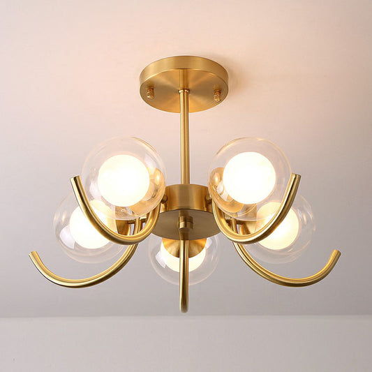 Antiqued Gold Swirl Semi Flush Light Postmodern Metallic Ceiling Lamp with Ball Clear and White Glass Shade Clearhalo 'Ceiling Lights' 'Close To Ceiling Lights' 'Close to ceiling' 'Semi-flushmount' Lighting' 2269121