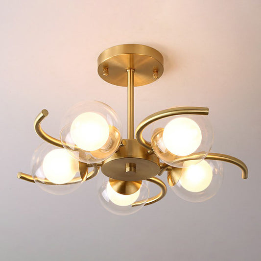 Antiqued Gold Swirl Semi Flush Light Postmodern Metallic Ceiling Lamp with Ball Clear and White Glass Shade 5 Gold Clearhalo 'Ceiling Lights' 'Close To Ceiling Lights' 'Close to ceiling' 'Semi-flushmount' Lighting' 2269122