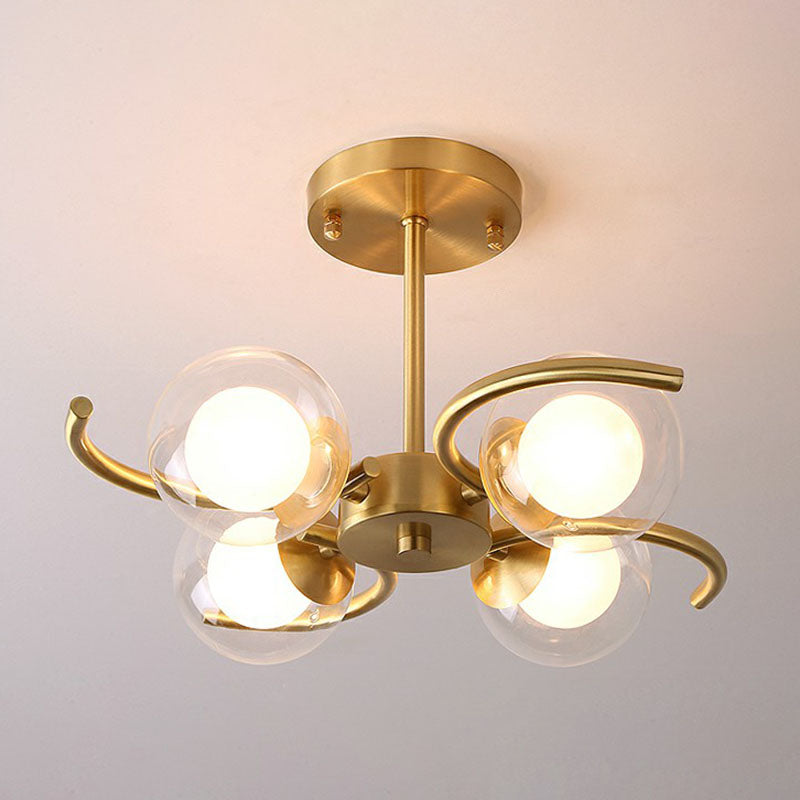 Antiqued Gold Swirl Semi Flush Light Postmodern Metallic Ceiling Lamp with Ball Clear and White Glass Shade 4 Gold Clearhalo 'Ceiling Lights' 'Close To Ceiling Lights' 'Close to ceiling' 'Semi-flushmount' Lighting' 2269123