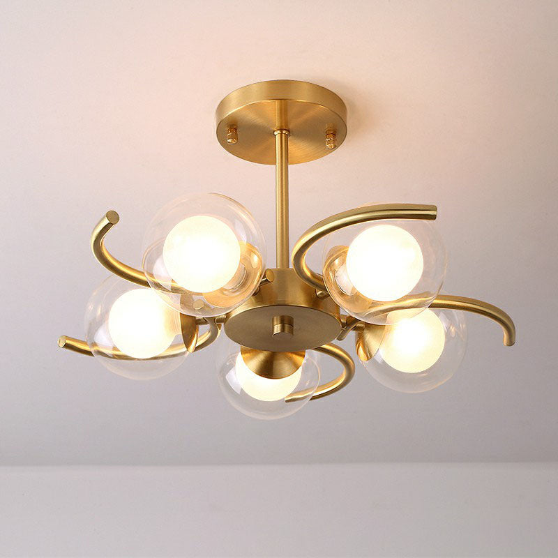 Antiqued Gold Swirl Semi Flush Light Postmodern Metallic Ceiling Lamp with Ball Clear and White Glass Shade Clearhalo 'Ceiling Lights' 'Close To Ceiling Lights' 'Close to ceiling' 'Semi-flushmount' Lighting' 2269124