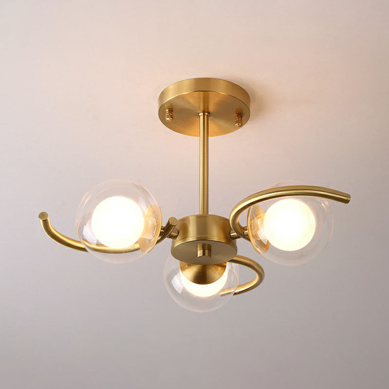 Antiqued Gold Swirl Semi Flush Light Postmodern Metallic Ceiling Lamp with Ball Clear and White Glass Shade 3 Gold Clearhalo 'Ceiling Lights' 'Close To Ceiling Lights' 'Close to ceiling' 'Semi-flushmount' Lighting' 2269125