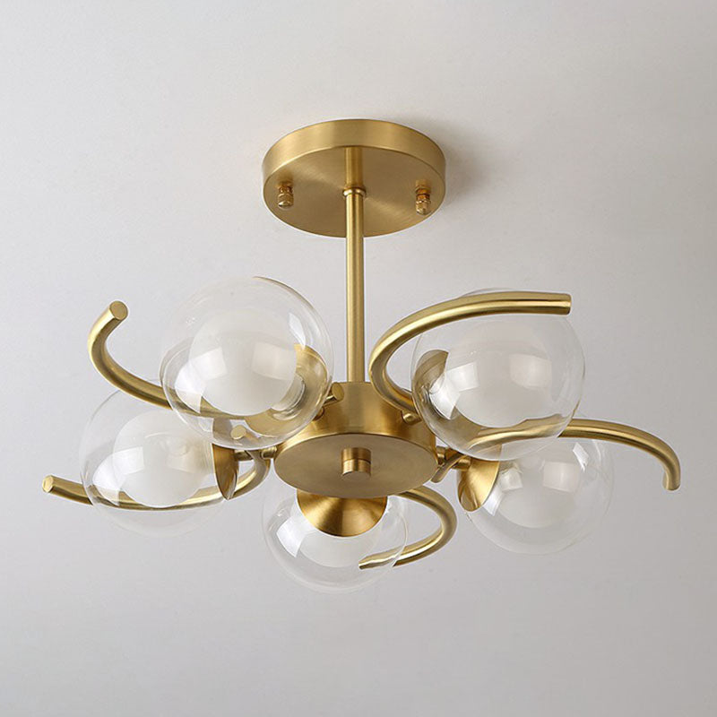Antiqued Gold Swirl Semi Flush Light Postmodern Metallic Ceiling Lamp with Ball Clear and White Glass Shade Clearhalo 'Ceiling Lights' 'Close To Ceiling Lights' 'Close to ceiling' 'Semi-flushmount' Lighting' 2269126