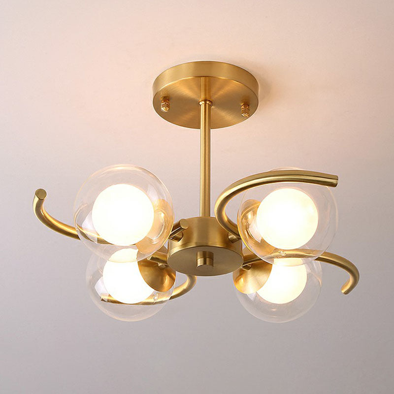 Antiqued Gold Swirl Semi Flush Light Postmodern Metallic Ceiling Lamp with Ball Clear and White Glass Shade Clearhalo 'Ceiling Lights' 'Close To Ceiling Lights' 'Close to ceiling' 'Semi-flushmount' Lighting' 2269127