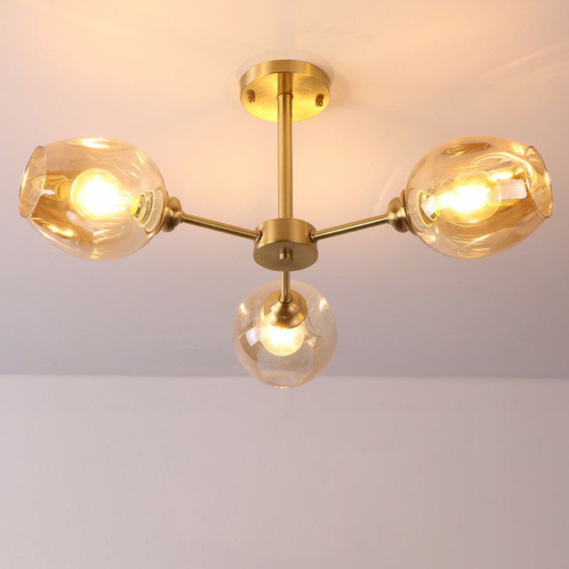 Postmodern Sputnik Ceiling Mount Chandelier Cup Glass Parlor Semi Flush Light in Brass 3 Amber Clearhalo 'Ceiling Lights' 'Close To Ceiling Lights' 'Close to ceiling' 'Semi-flushmount' Lighting' 2269132