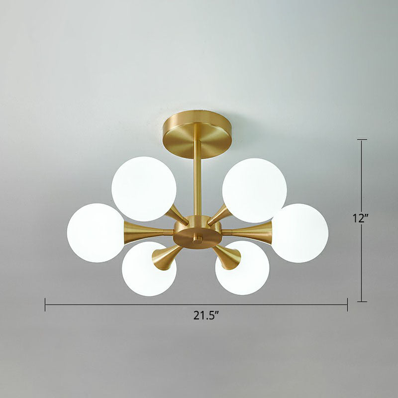 Brass Finish Radial Flush Chandelier Postmodern Ball Glass Semi Flush Mount Ceiling Light 6 White Clearhalo 'Ceiling Lights' 'Close To Ceiling Lights' 'Close to ceiling' 'Semi-flushmount' Lighting' 2269174
