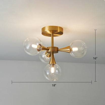 Brass Finish Radial Flush Chandelier Postmodern Ball Glass Semi Flush Mount Ceiling Light 4 Clear Clearhalo 'Ceiling Lights' 'Close To Ceiling Lights' 'Close to ceiling' 'Semi-flushmount' Lighting' 2269177