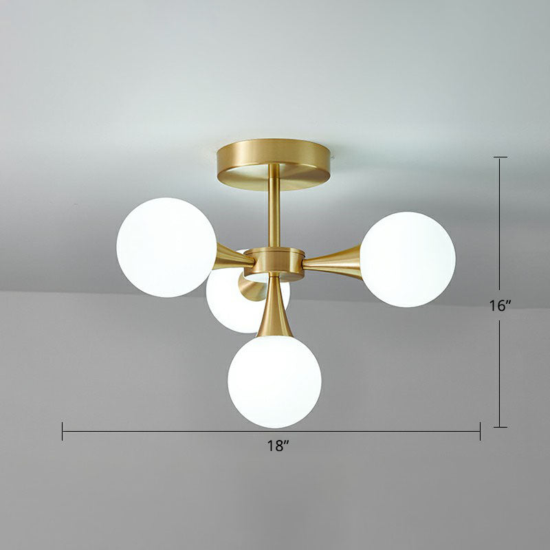 Brass Finish Radial Flush Chandelier Postmodern Ball Glass Semi Flush Mount Ceiling Light 4 White Clearhalo 'Ceiling Lights' 'Close To Ceiling Lights' 'Close to ceiling' 'Semi-flushmount' Lighting' 2269179