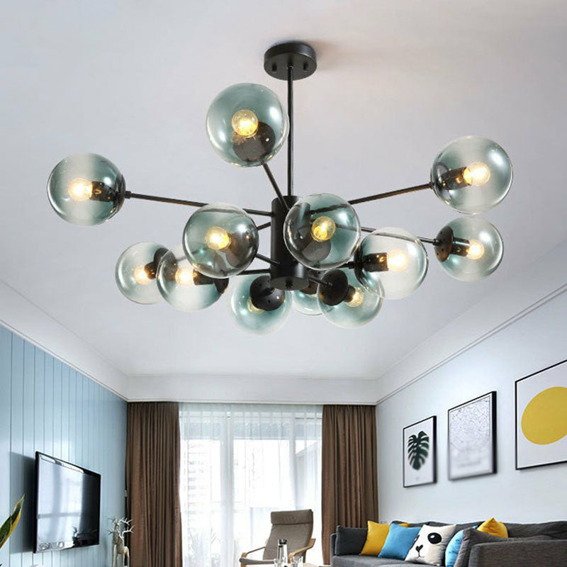 12 Heads Living Room Chandelier Modern Black Ceiling Light with Ball Glass Shade Blue Clearhalo 'Ceiling Lights' 'Chandeliers' 'Modern Chandeliers' 'Modern' Lighting' 2269223