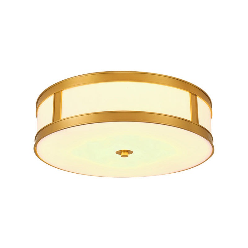 4 Lights White Glass Flush Light Fixture Traditional Brass Drum Living Room Ceiling Lighting, 14"/18" W Clearhalo 'Ceiling Lights' 'Close To Ceiling Lights' 'Close to ceiling' 'Flush mount' Lighting' 227031
