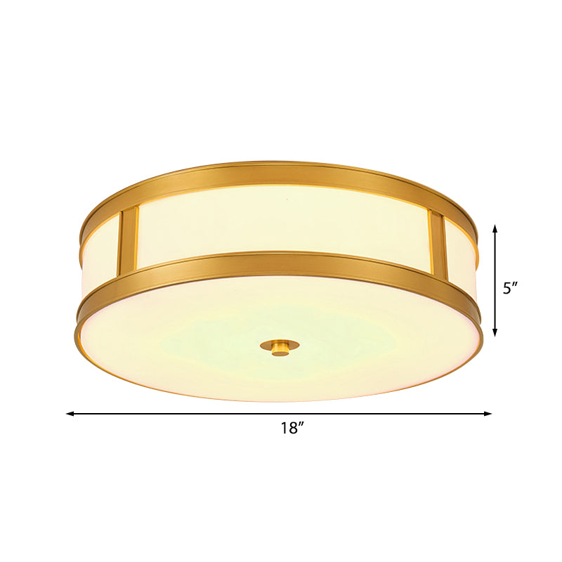 4 Lights White Glass Flush Light Fixture Traditional Brass Drum Living Room Ceiling Lighting, 14"/18" W Clearhalo 'Ceiling Lights' 'Close To Ceiling Lights' 'Close to ceiling' 'Flush mount' Lighting' 227033