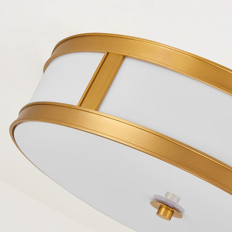 4 Lights White Glass Flush Light Fixture Traditional Brass Drum Living Room Ceiling Lighting, 14"/18" W Clearhalo 'Ceiling Lights' 'Close To Ceiling Lights' 'Close to ceiling' 'Flush mount' Lighting' 227034