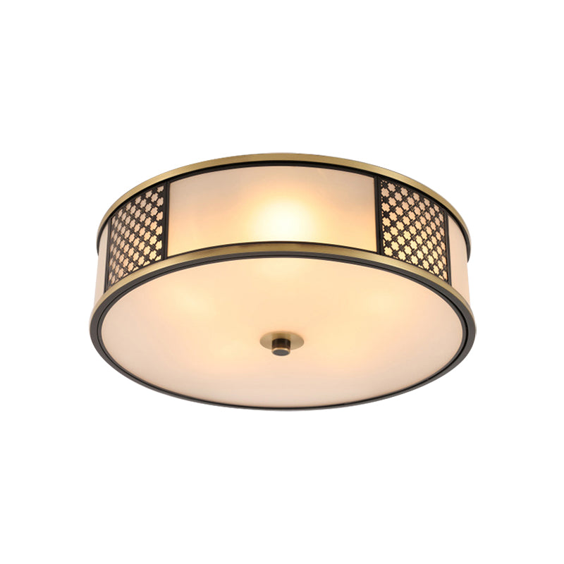Brass Drum Flush Mount Lighting Traditional White Glass 5 Lights Living Room Ceiling Lamp, 16"/19.5" W Clearhalo 'Ceiling Lights' 'Close To Ceiling Lights' 'Close to ceiling' 'Flush mount' Lighting' 227037