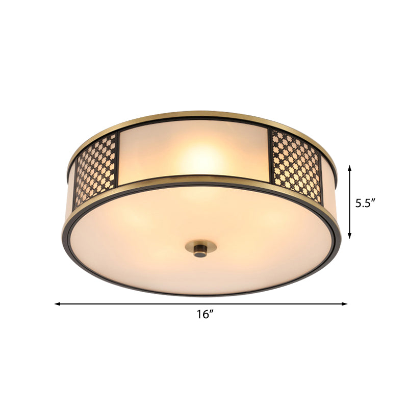 Brass Drum Flush Mount Lighting Traditional White Glass 5 Lights Living Room Ceiling Lamp, 16"/19.5" W Clearhalo 'Ceiling Lights' 'Close To Ceiling Lights' 'Close to ceiling' 'Flush mount' Lighting' 227038
