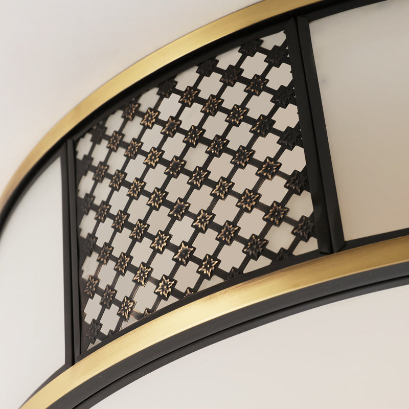 Brass Drum Flush Mount Lighting Traditional White Glass 5 Lights Living Room Ceiling Lamp, 16"/19.5" W Clearhalo 'Ceiling Lights' 'Close To Ceiling Lights' 'Close to ceiling' 'Flush mount' Lighting' 227040