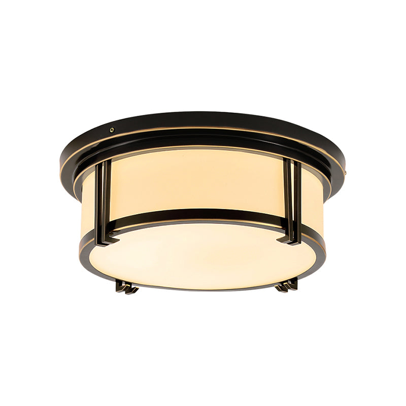 Black/Brass Drum Flush Mount Lamp Classic Frosted Glass LED Living Room Ceiling Light Fixture in Warm/White Light Clearhalo 'Ceiling Lights' 'Close To Ceiling Lights' 'Close to ceiling' 'Flush mount' Lighting' 227043