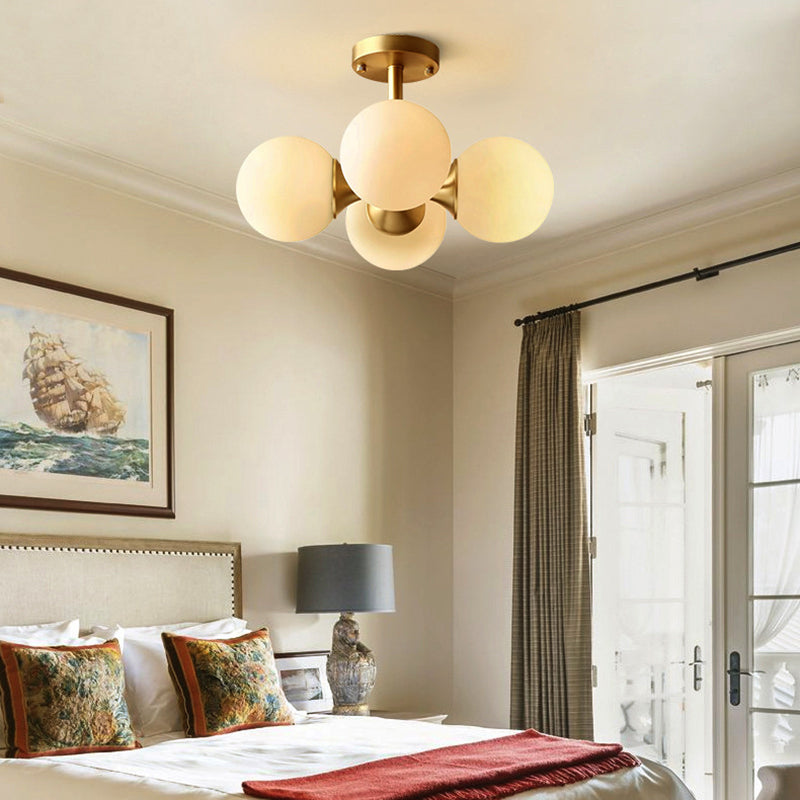 4 Lights Dining Room Ceiling Light Fixture Traditional Gold Semi Flush with Globe White Glass Shade Gold Clearhalo 'Ceiling Lights' 'Close To Ceiling Lights' 'Close to ceiling' 'Glass shade' 'Glass' 'Semi-flushmount' Lighting' 227048