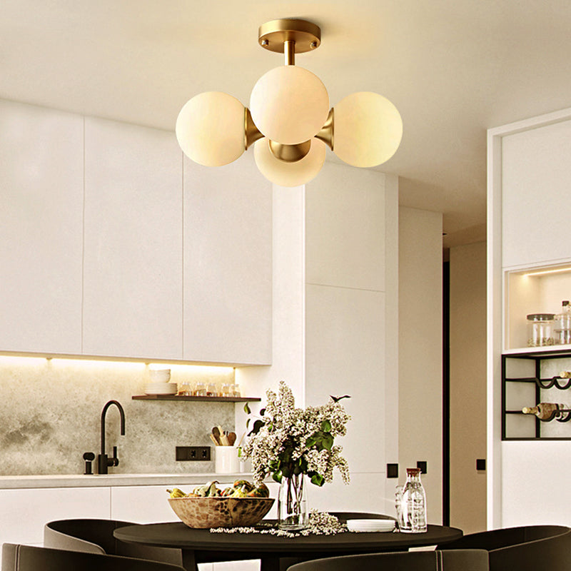 4 Lights Dining Room Ceiling Light Fixture Traditional Gold Semi Flush with Globe White Glass Shade Clearhalo 'Ceiling Lights' 'Close To Ceiling Lights' 'Close to ceiling' 'Glass shade' 'Glass' 'Semi-flushmount' Lighting' 227049
