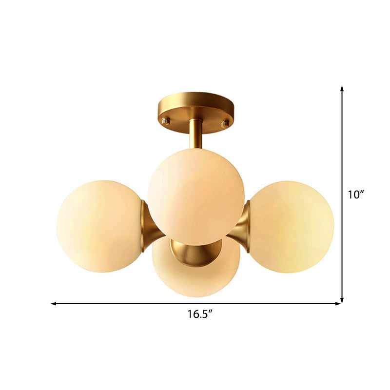 4 Lights Dining Room Ceiling Light Fixture Traditional Gold Semi Flush with Globe White Glass Shade Clearhalo 'Ceiling Lights' 'Close To Ceiling Lights' 'Close to ceiling' 'Glass shade' 'Glass' 'Semi-flushmount' Lighting' 227051