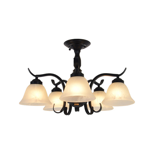 5 Lights Frosted Glass Semi Flush Light Traditional Black Cone Living Room Ceiling Lighting Clearhalo 'Ceiling Lights' 'Close To Ceiling Lights' 'Close to ceiling' 'Glass shade' 'Glass' 'Semi-flushmount' Lighting' 227062