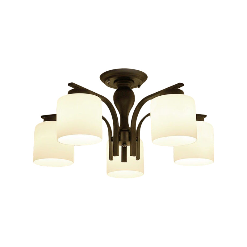 3/5/6 Lights Semi Flush Mount Traditional Cylinder Frosted Glass Ceiling Light in Black for Bedroom Clearhalo 'Ceiling Lights' 'Close To Ceiling Lights' 'Close to ceiling' 'Glass shade' 'Glass' 'Semi-flushmount' Lighting' 227076