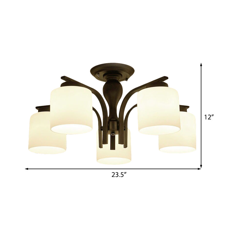 3/5/6 Lights Semi Flush Mount Traditional Cylinder Frosted Glass Ceiling Light in Black for Bedroom Clearhalo 'Ceiling Lights' 'Close To Ceiling Lights' 'Close to ceiling' 'Glass shade' 'Glass' 'Semi-flushmount' Lighting' 227077