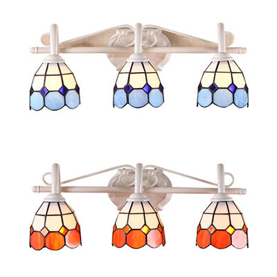 3 Lights Dome Wall Mount Light Stained Glass Tiffany Vanity Lighting in Orange/Blue for Bathroom Clearhalo 'Industrial' 'Middle century wall lights' 'Tiffany wall lights' 'Tiffany' 'Wall Lamps & Sconces' 'Wall Lights' Lighting' 22707