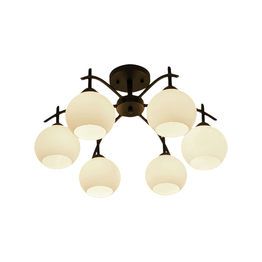 Globe White Glass Semi Flush Traditional 3/5/6 Lights Living Room Ceiling Light Fixture in Black Clearhalo 'Ceiling Lights' 'Close To Ceiling Lights' 'Close to ceiling' 'Glass shade' 'Glass' 'Semi-flushmount' Lighting' 227080