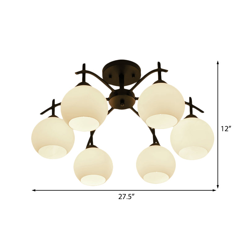 Globe White Glass Semi Flush Traditional 3/5/6 Lights Living Room Ceiling Light Fixture in Black Clearhalo 'Ceiling Lights' 'Close To Ceiling Lights' 'Close to ceiling' 'Glass shade' 'Glass' 'Semi-flushmount' Lighting' 227081