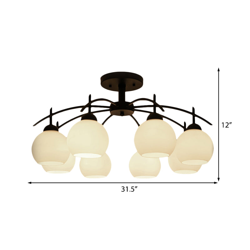 Globe White Glass Semi Flush Traditional 3/5/6 Lights Living Room Ceiling Light Fixture in Black Clearhalo 'Ceiling Lights' 'Close To Ceiling Lights' 'Close to ceiling' 'Glass shade' 'Glass' 'Semi-flushmount' Lighting' 227084