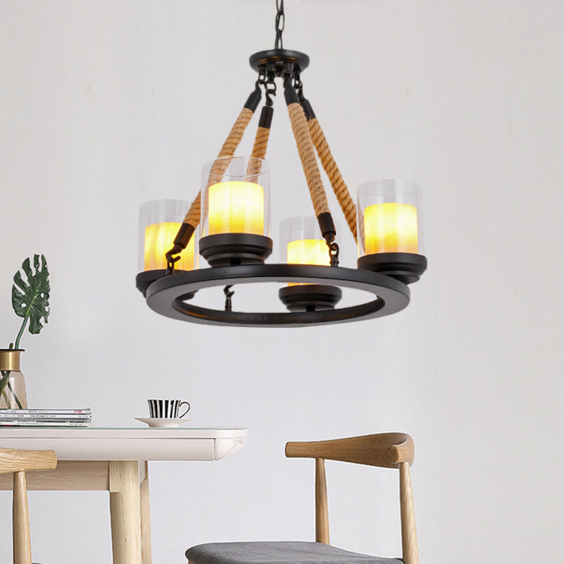 Wagon Wheel Metal Chandelier Light Rustic Style 6/8/10 Lights Dining Room Hanging Light in Black Clearhalo 'Ceiling Lights' 'Chandeliers' 'Glass shade' 'Glass' Lighting' 227199