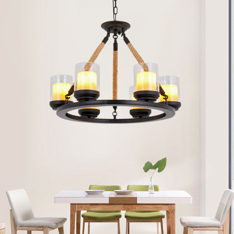 Wagon Wheel Metal Chandelier Light Rustic Style 6/8/10 Lights Dining Room Hanging Light in Black 6 Black Clearhalo 'Ceiling Lights' 'Chandeliers' 'Glass shade' 'Glass' Lighting' 227202