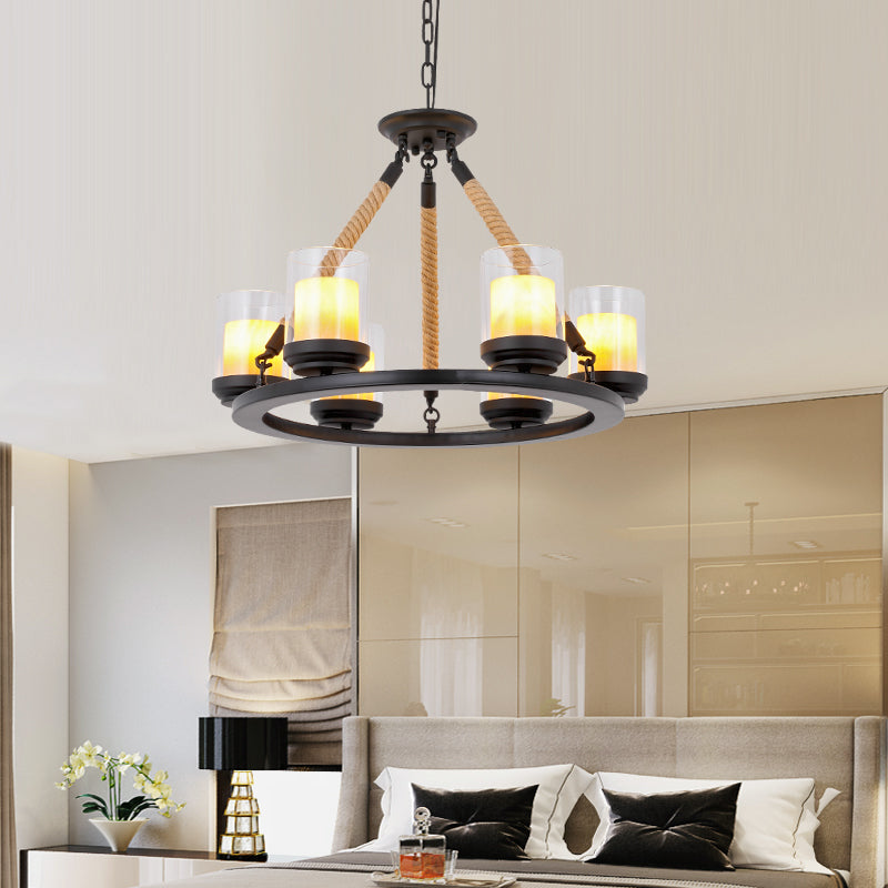 Wagon Wheel Metal Chandelier Light Rustic Style 6/8/10 Lights Dining Room Hanging Light in Black Clearhalo 'Ceiling Lights' 'Chandeliers' 'Glass shade' 'Glass' Lighting' 227203